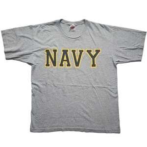 Bayside Made in USA NAVY Block Letters Grey T-Shirt Large